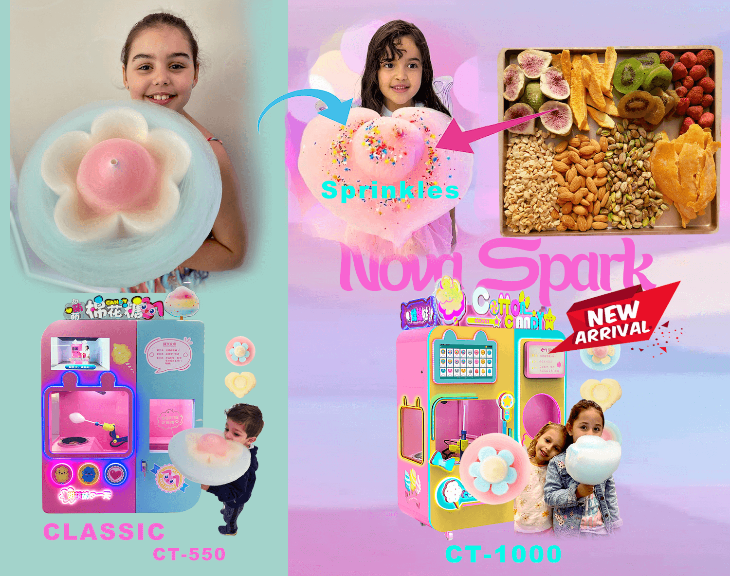 Classic and updated cotton candy vending machine models