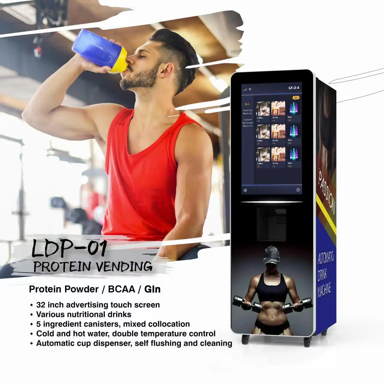 Protein shake vending machine with athlete graphic
