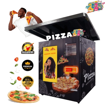 Pizza vending machine with frozen storage and canopy