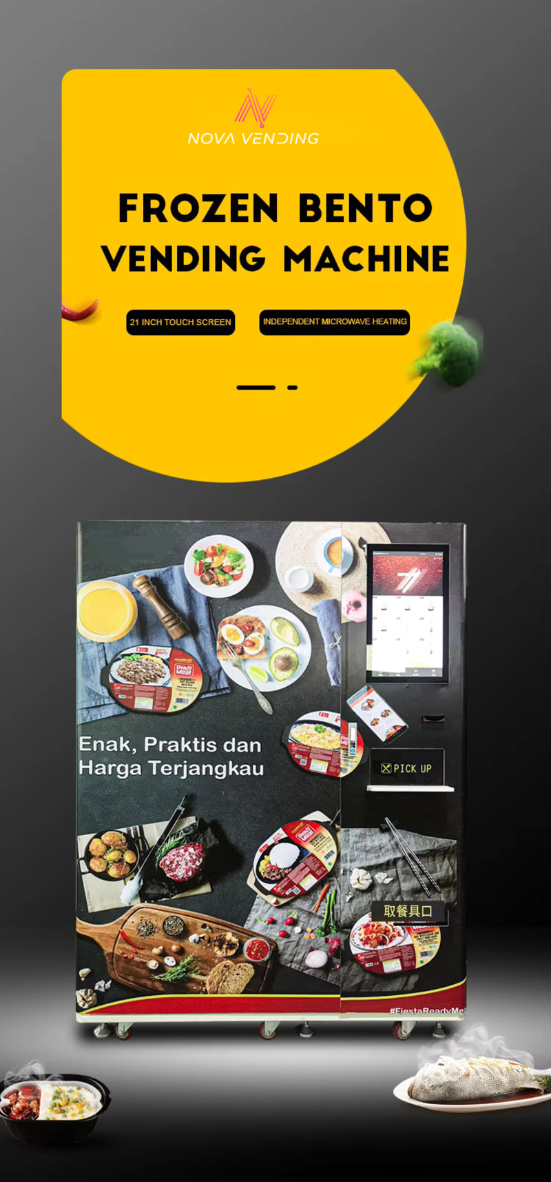 Hot food vending machine touchscreen and QR payment interface