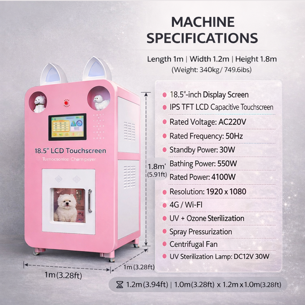 Nova Vending Pet Washing Vending Machine specifications with dimensions, touchscreen, WiFi, and sterilization system