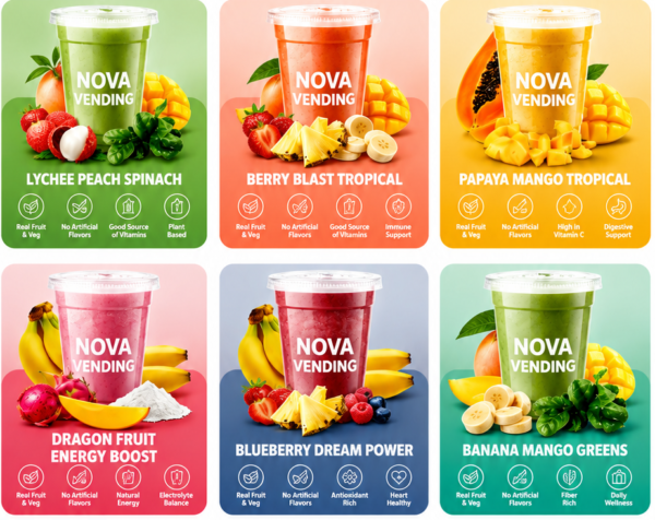 Nova Vending fresh smoothie vending machine multiple flavors with real fruit, flash frozen ingredients, and healthy smoothie options
