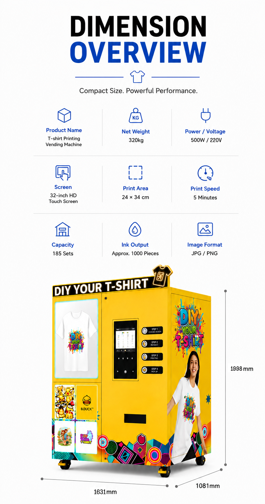 Nova Vending T-Shirt Printing Vending Machine dimension overview with 32-inch touch screen, 320kg weight, 185-set capacity, and 1998mm height